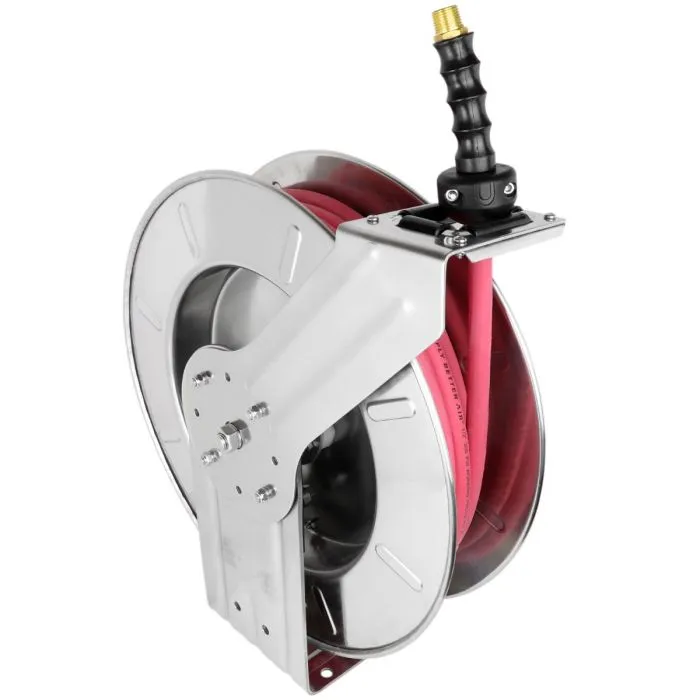 2752-5014SS - Milton® Industrial Stainless Steel Hose Reel Retractable, 3/8" ID x 50' Ultra-Lightweight Rubber Hose w/ 1/4" NPT, 300 PSI