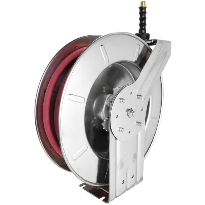 2752-5014SS - Milton® Industrial Stainless Steel Hose Reel Retractable, 3/8" ID x 50' Ultra-Lightweight Rubber Hose w/ 1/4" NPT, 300 PSI