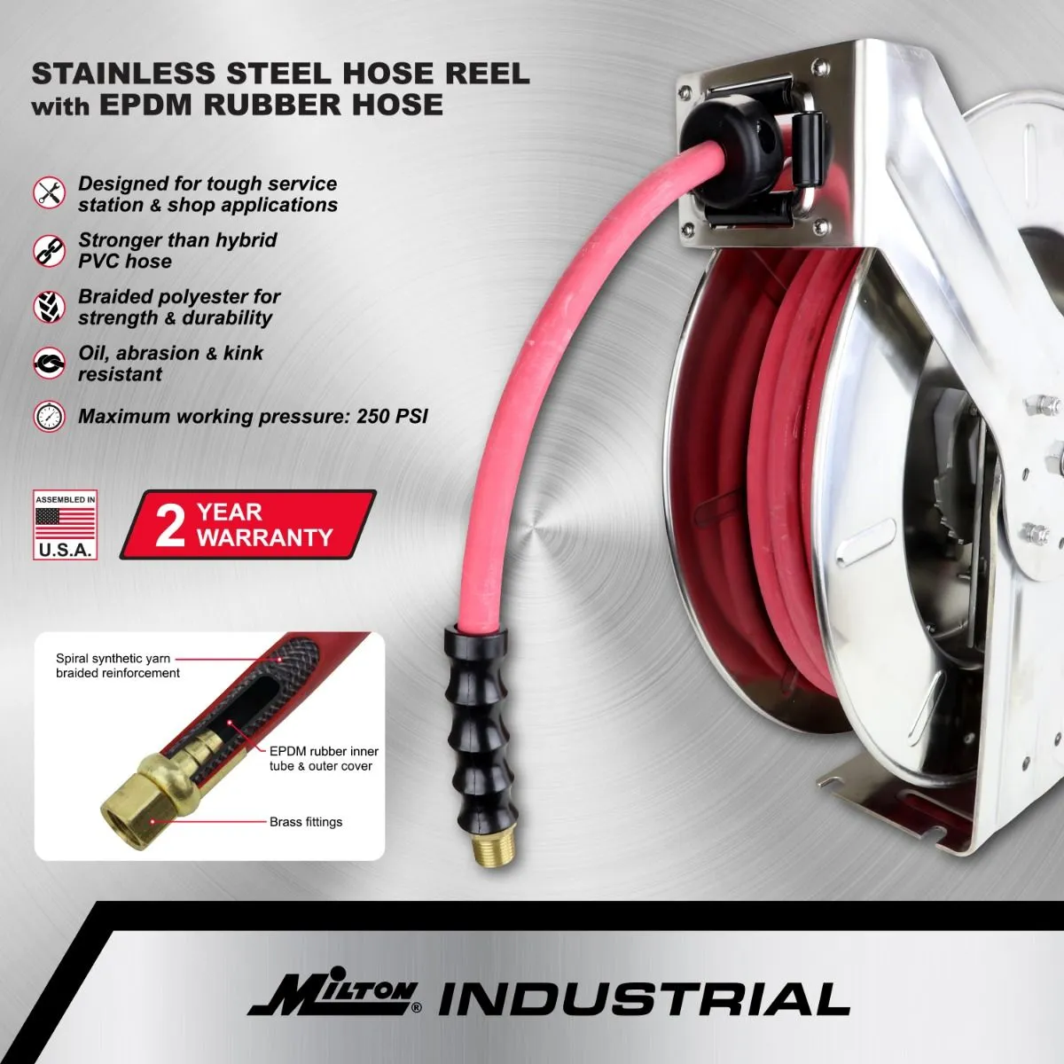2752-5014SS - Milton® Industrial Stainless Steel Hose Reel Retractable, 3/8" ID x 50' Ultra-Lightweight Rubber Hose w/ 1/4" NPT, 300 PSI