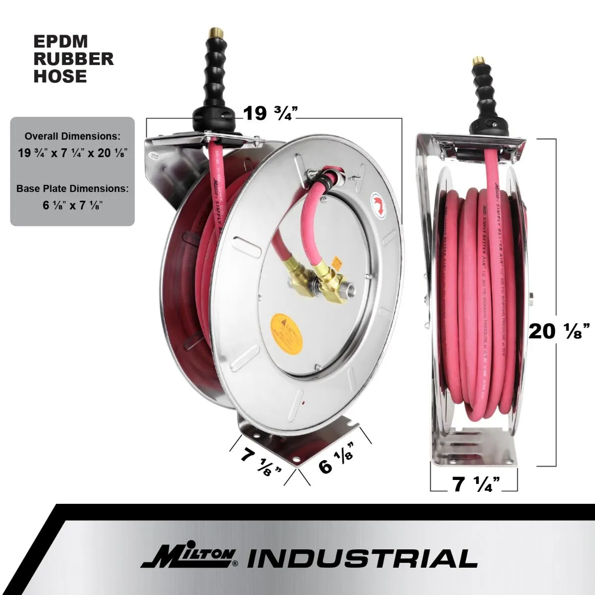 2752-5014SS - Milton® Industrial Stainless Steel Hose Reel Retractable, 3/8" ID x 50' Ultra-Lightweight Rubber Hose w/ 1/4" NPT, 300 PSI