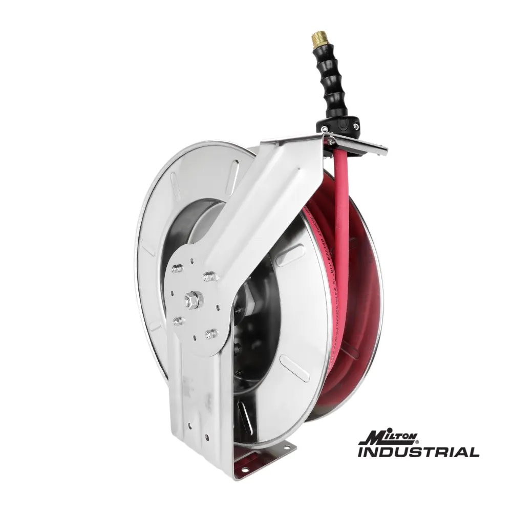 2752-5014SS - Milton® Industrial Stainless Steel Hose Reel Retractable, 3/8" ID x 50' Ultra-Lightweight Rubber Hose w/ 1/4" NPT, 300 PSI