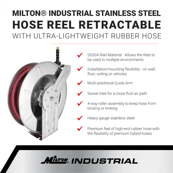 2752-5014SS - Milton® Industrial Stainless Steel Hose Reel Retractable, 3/8" ID x 50' Ultra-Lightweight Rubber Hose w/ 1/4" NPT, 300 PSI