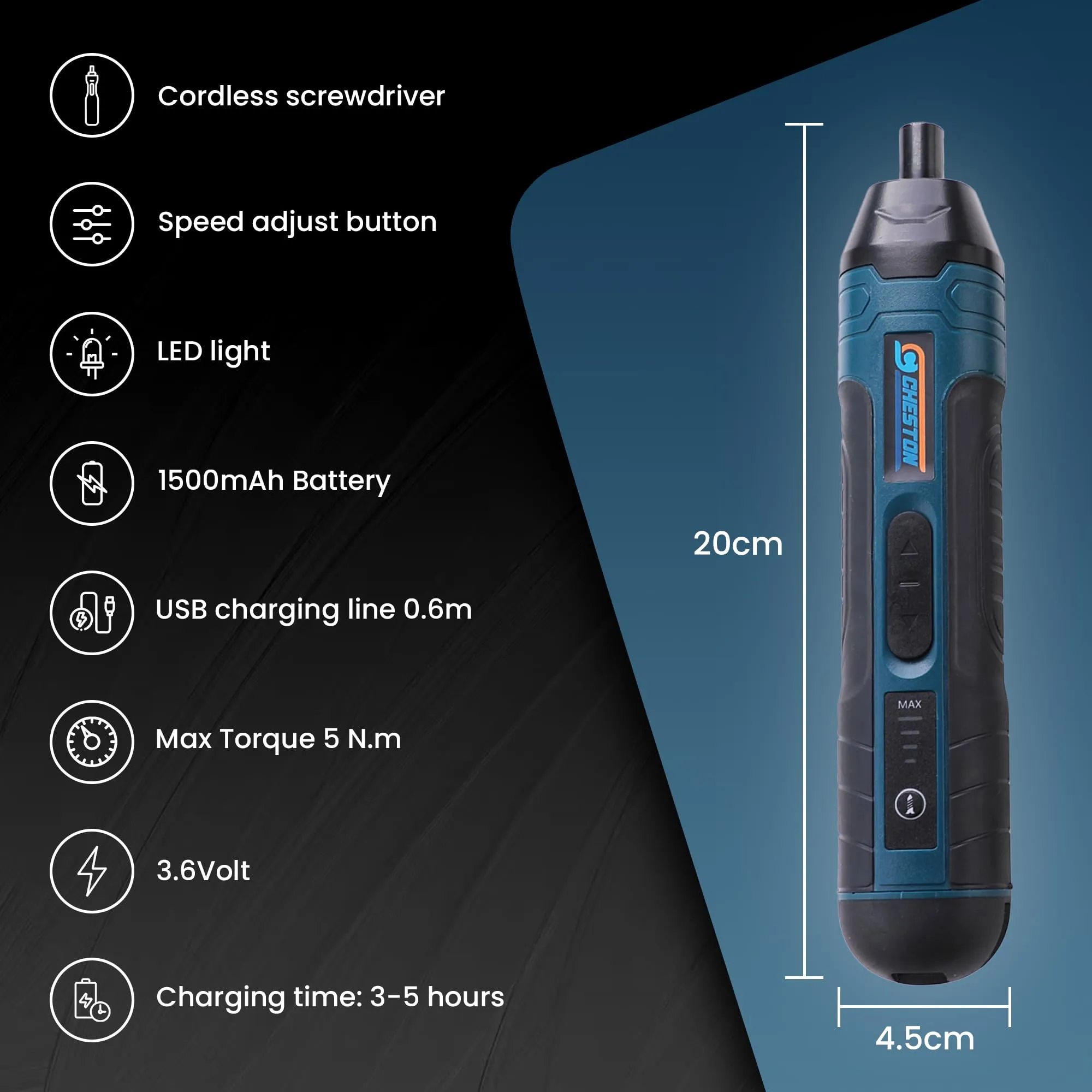 Cheston Cordless Electric Screwdriver Machine with Bits | Battery Powered (1500 MAH) with LED Light I Torque 5 NM I Home & DIY Use, 1 Year Warranty I 20 Bits with Magnetic Bit Holder