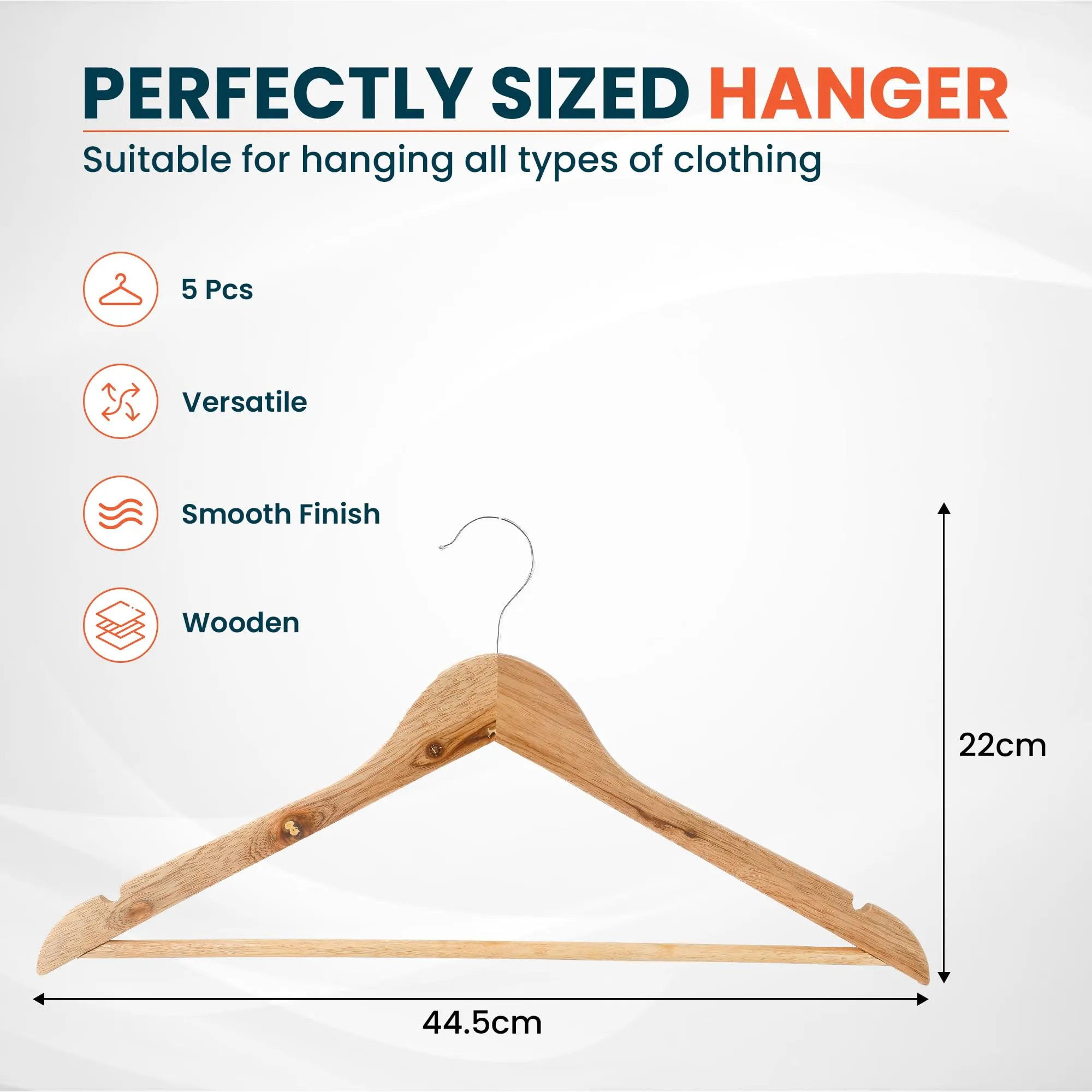 Kuber IndustriesWooden Cloth Hanger Set of 5 with Chromed Plated Steel Hook|Natural|